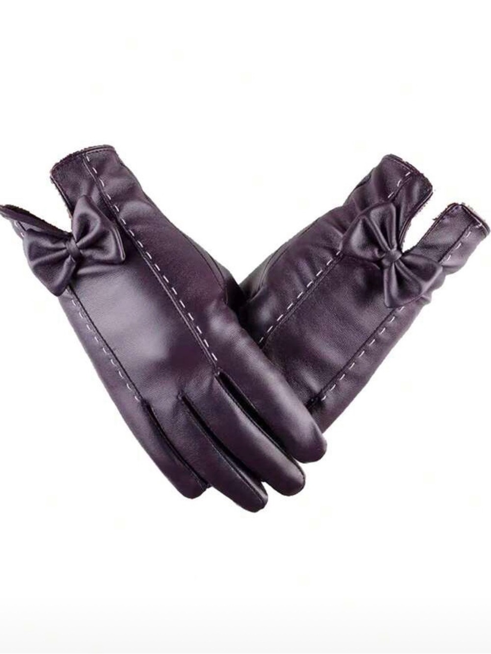 Women's Faux Leather Bow-Accent Gloves - Purple